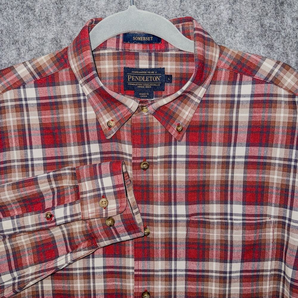 Pendleton Somerset Men's Plaid Button Up Shirt Large Red Brown Cotton Wool Blend